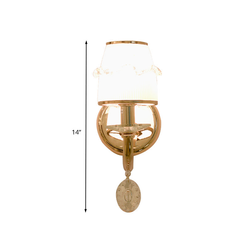 Frosted Glass Sconce With Crystal Drop: Gold Barrel Wall Mounted Light For Traditional Living Rooms