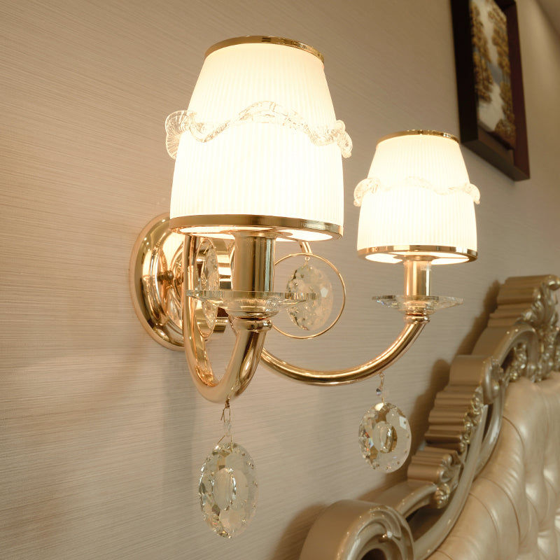 Frosted Glass Sconce With Crystal Drop: Gold Barrel Wall Mounted Light For Traditional Living Rooms