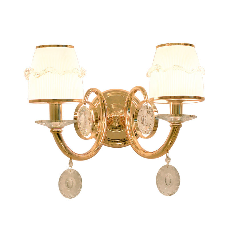 Frosted Glass Sconce With Crystal Drop: Gold Barrel Wall Mounted Light For Traditional Living Rooms