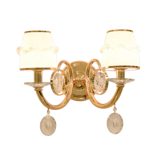 Frosted Glass Sconce With Crystal Drop: Gold Barrel Wall Mounted Light For Traditional Living Rooms