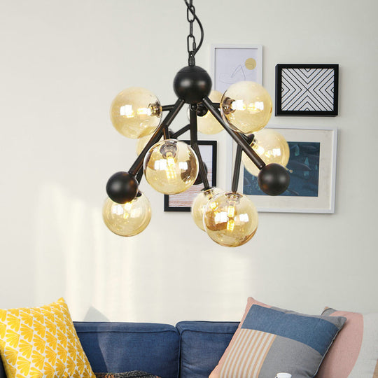 Modern Globe Chandelier Lighting - Amber Glass 9 Heads Hangs Beautifully In Living Room