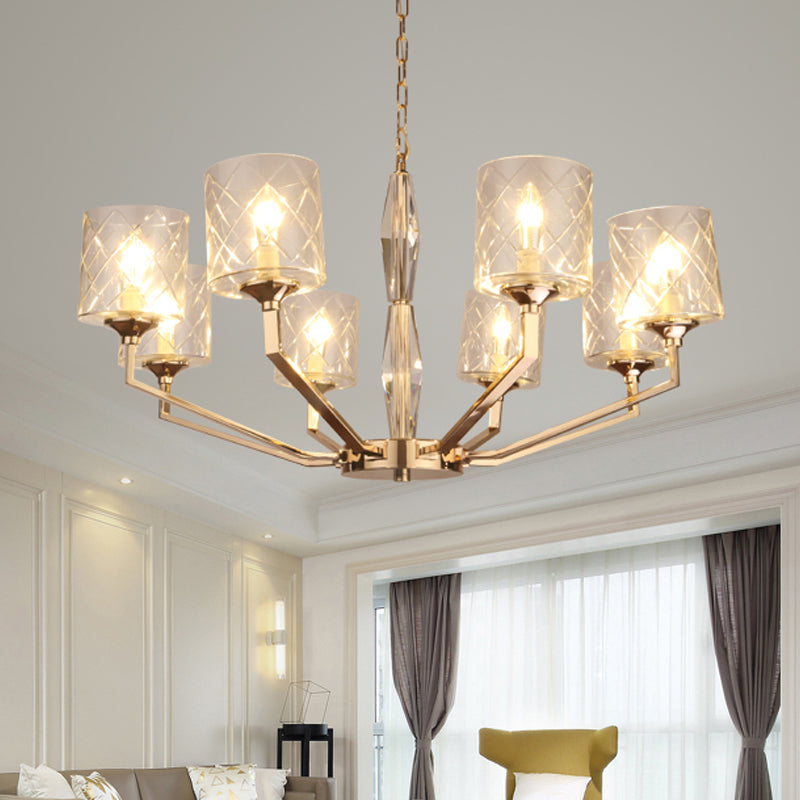 Contemporary 8-Bulb Gold Chandelier With Lattice Glass Shades