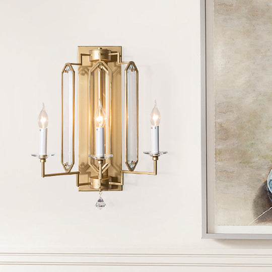 Gold Metal Countryside Candelabra Wall Lamp With Crystal Accent - 3 Heads Sconce Light For Dining