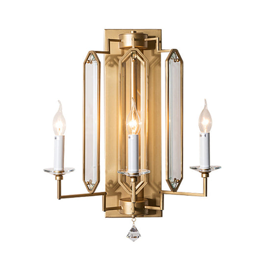 Gold Metal Countryside Candelabra Wall Lamp With Crystal Accent - 3 Heads Sconce Light For Dining