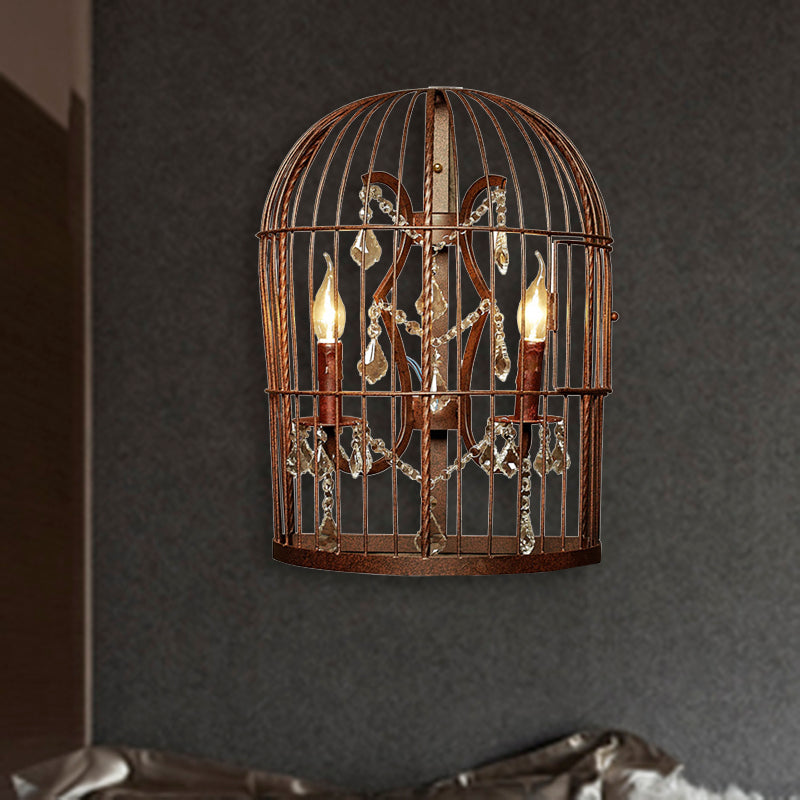 Rustic Industrial Birdcage Wall Sconce With Crystal Accents 2 Light Metal Lamp