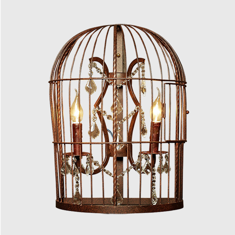 Rustic Industrial Birdcage Wall Sconce With Crystal Accents 2 Light Metal Lamp