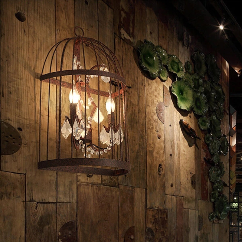 Industrial Rustic Crystal Wall Sconce With Birdcage Design - 2 Heads Metal Mounted Light For Living