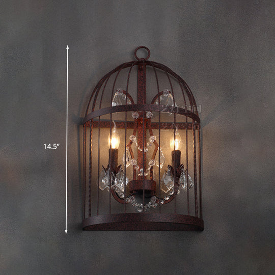 Industrial Rustic Crystal Wall Sconce With Birdcage Design - 2 Heads Metal Mounted Light For Living