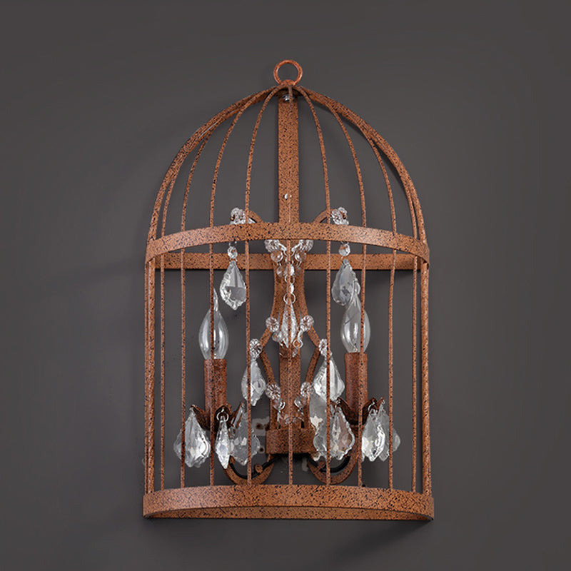 Industrial Clear Crystal Glass Wall Sconce - Rust Lighting Fixture With 2 Heads For Birdcage Living