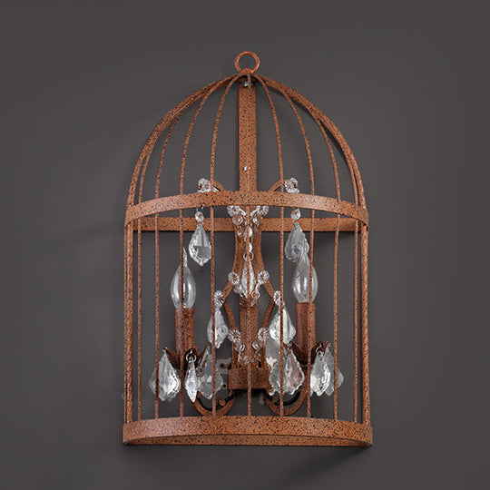 Industrial Clear Crystal Glass Wall Sconce - Rust Lighting Fixture With 2 Heads For Birdcage Living