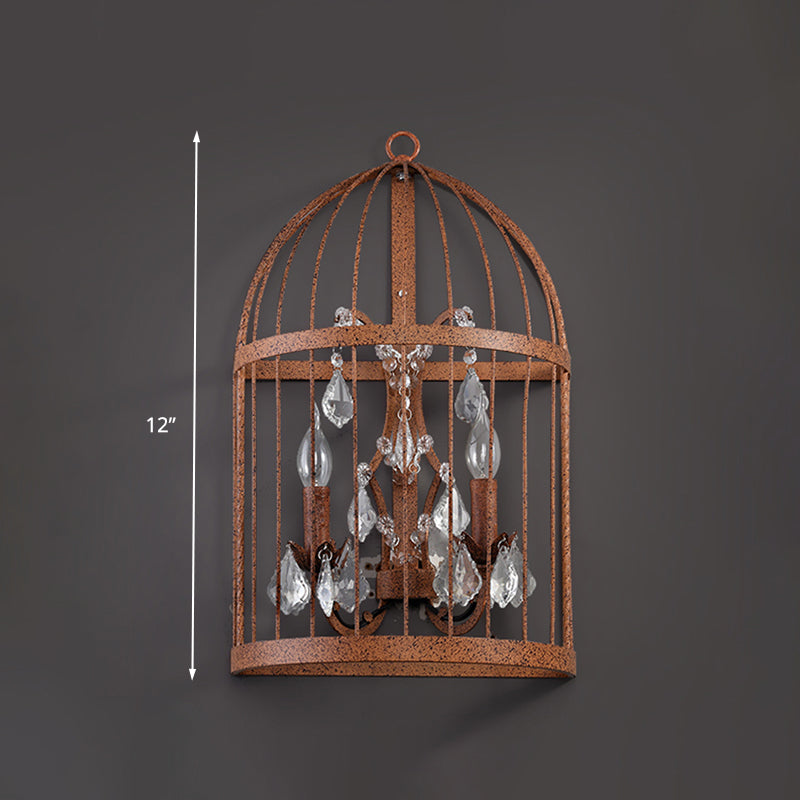 Industrial Clear Crystal Glass Wall Sconce - Rust Lighting Fixture With 2 Heads For Birdcage Living