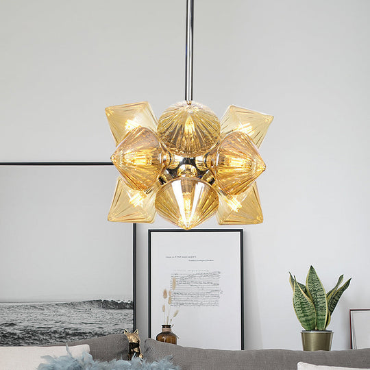 Modern Amber Glass Diamond Chandelier With Chrome Finish - 9/12 Heads Pendant Ceiling Light