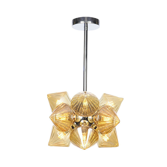 Modern Amber Glass Diamond Chandelier With Chrome Finish - 9/12 Heads Pendant Ceiling Light