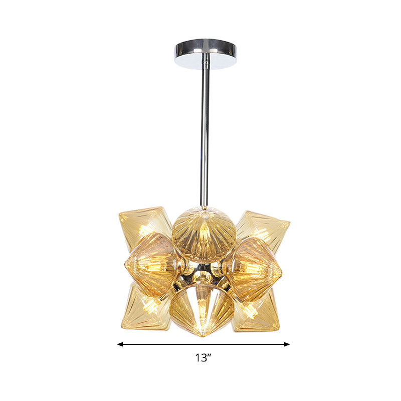 Modern Amber Glass Diamond Chandelier With Chrome Finish - 9/12 Heads Pendant Ceiling Light