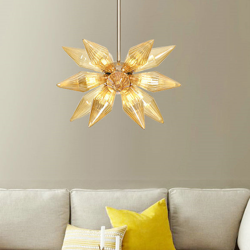 Modern Amber Ribbed Glass Conical Chandelier - 18 Heads Hanging Pendant Light In Gold