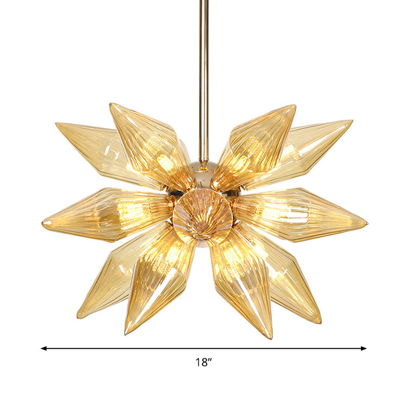 Modern Amber Ribbed Glass Conical Chandelier - 18 Heads Hanging Pendant Light In Gold