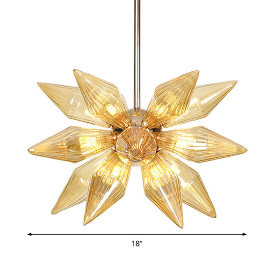 Modern Amber Ribbed Glass Conical Chandelier - 18 Heads Hanging Pendant Light In Gold