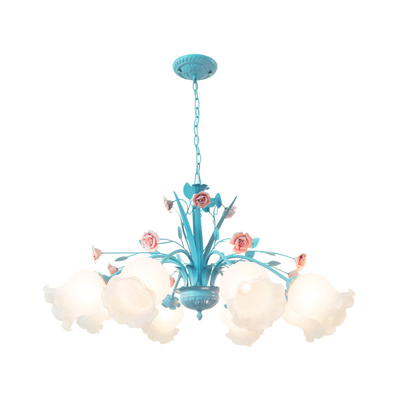 White Glass Chandelier Light - Floral Countryside 8 Bulbs Pendant Lamp For Living Room In Blue