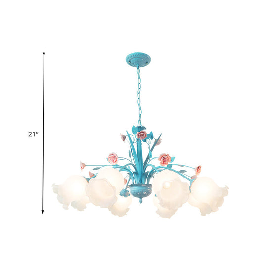 White Glass Chandelier Light - Floral Countryside 8 Bulbs Pendant Lamp For Living Room In Blue