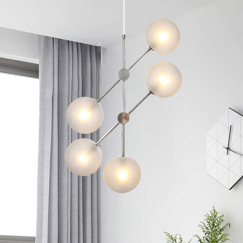 Modern Textured White Glass Globe Chandelier With 5 Bulbs - Bedroom Ceiling Suspension Lamp