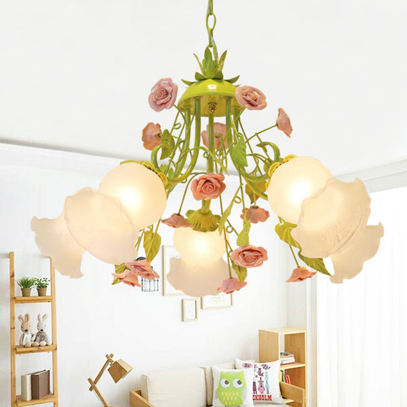 Traditional Opal Glass Chandelier - Pink/Green 5-Head Pendant Ceiling Light For Living Room