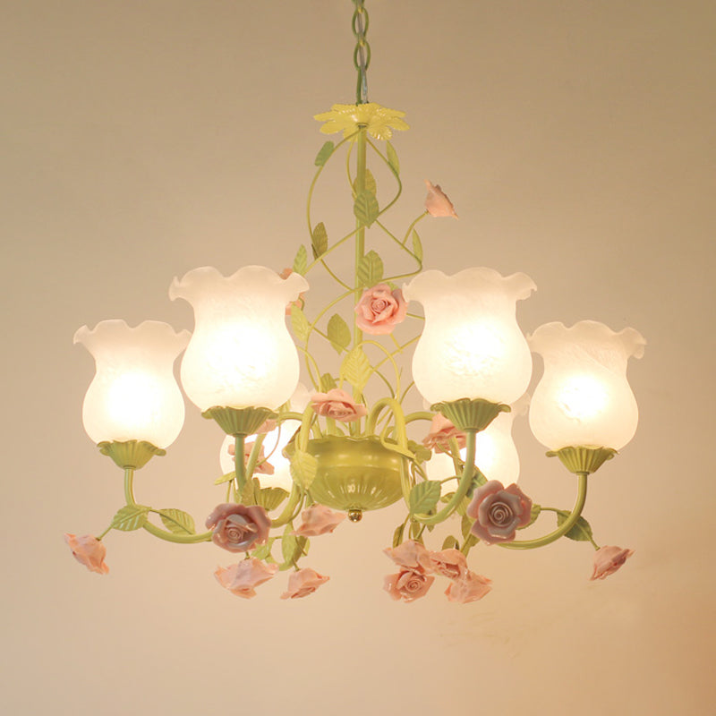 Green Milk Glass Bloom Chandelier - Traditional 6-Head Pendant Light For Living Room