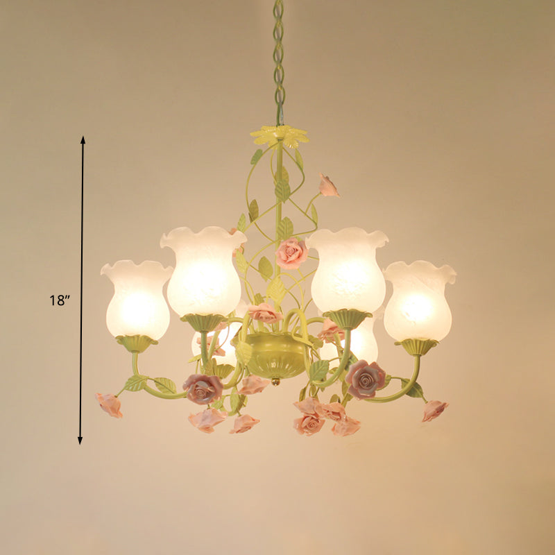 Green Milk Glass Bloom Chandelier - Traditional 6-Head Pendant Light For Living Room