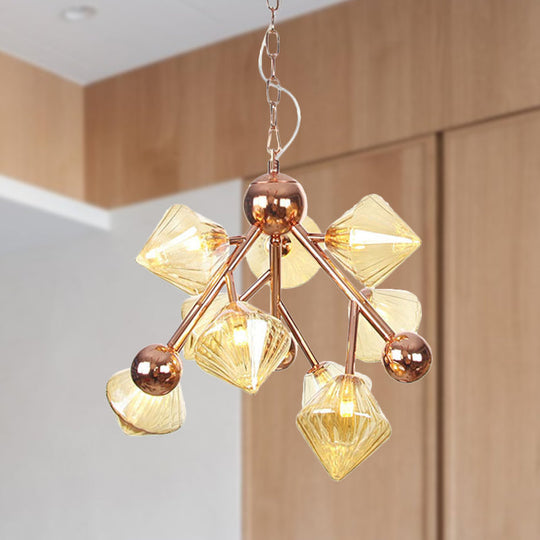 9-Head Modern Chandelier - Rose Gold Diamond Pendant with Amber Glass Shade