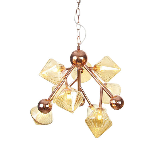 Rose Gold Diamond Chandelier Light With Amber Glass Shade - Modern 9 Head Pendant Fixture