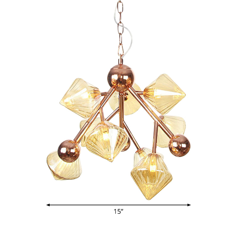 9-Head Modern Chandelier - Rose Gold Diamond Pendant with Amber Glass Shade