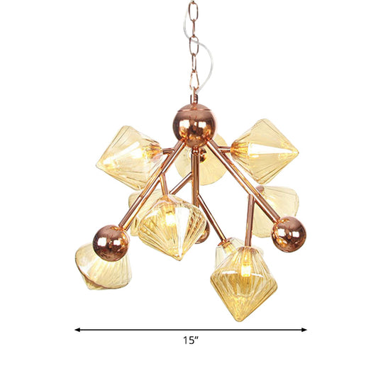 Rose Gold Diamond Chandelier Light With Amber Glass Shade - Modern 9 Head Pendant Fixture