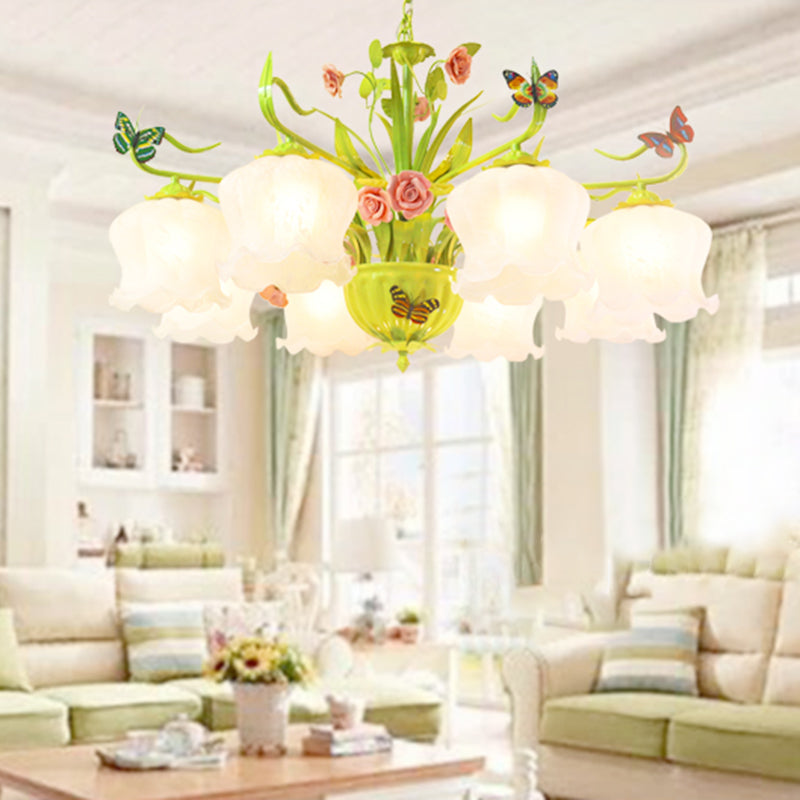 Opal Glass Green Chandelier With 8 Heads | Countryside Flower Pendant Light Fixture For Living Room