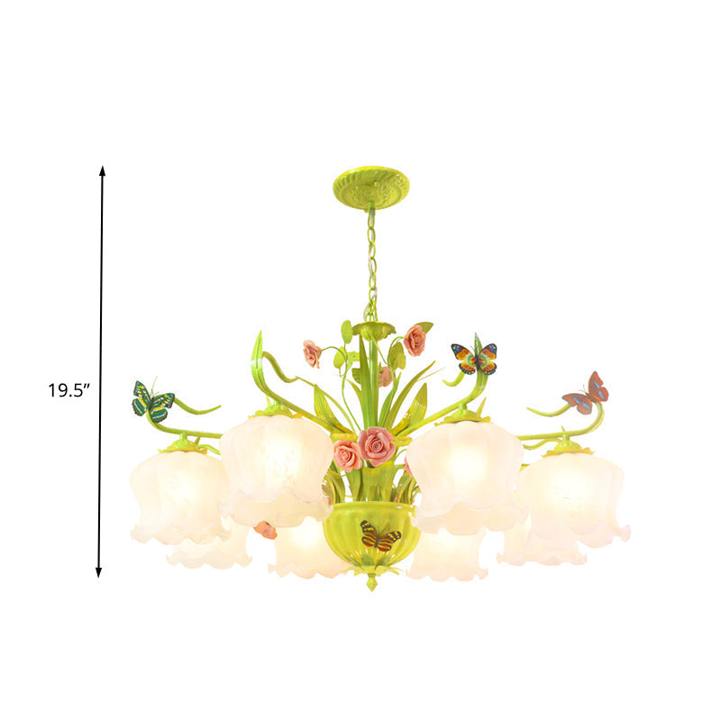 Opal Glass Green Chandelier With 8 Heads | Countryside Flower Pendant Light Fixture For Living Room