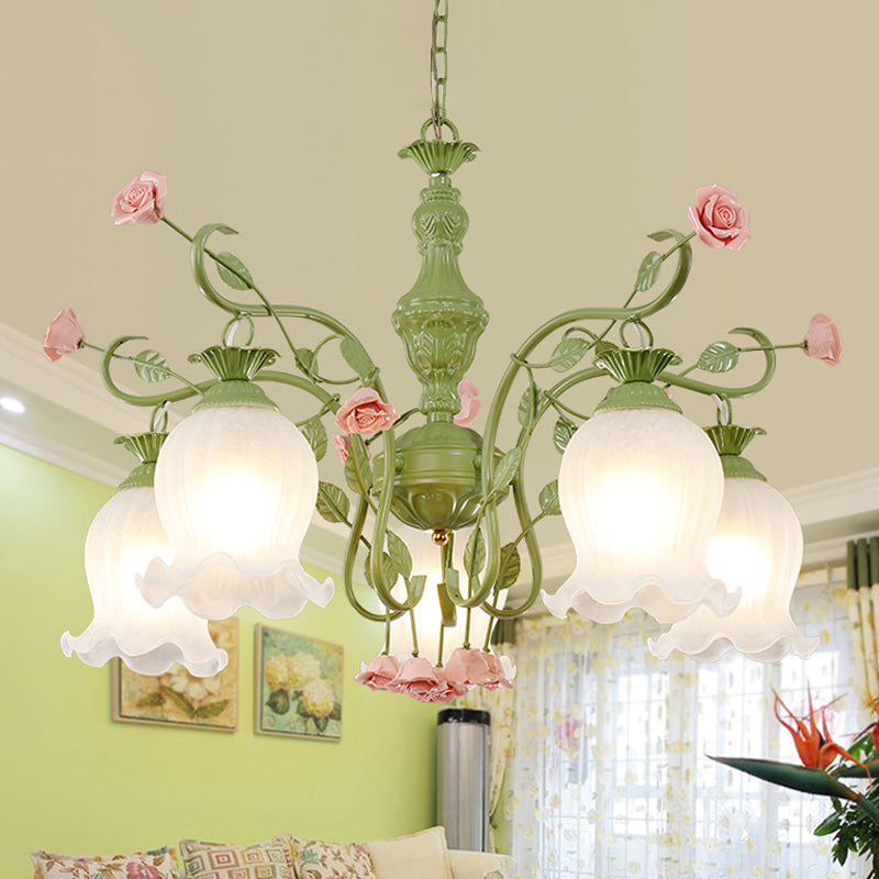 Sandblasted Glass Chandelier - 5 Bulbs Traditional White/Green Floral Design Bedroom Pendant