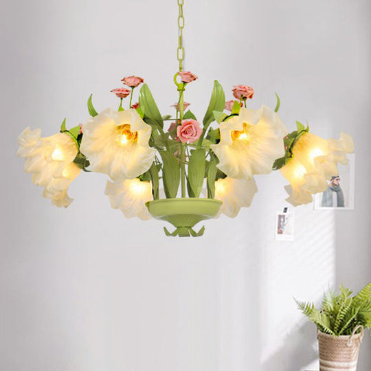 Countryside Flower Hanging Pendant Opal Glass Chandelier In Green For Bedroom - 6/8 Heads Lighting