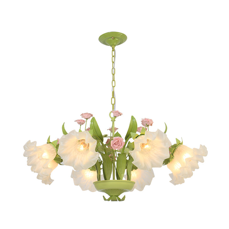 Countryside Flower Hanging Pendant Opal Glass Chandelier In Green For Bedroom - 6/8 Heads Lighting