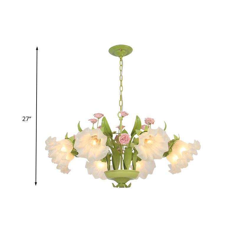 Countryside Flower Hanging Pendant Opal Glass Chandelier In Green For Bedroom - 6/8 Heads Lighting