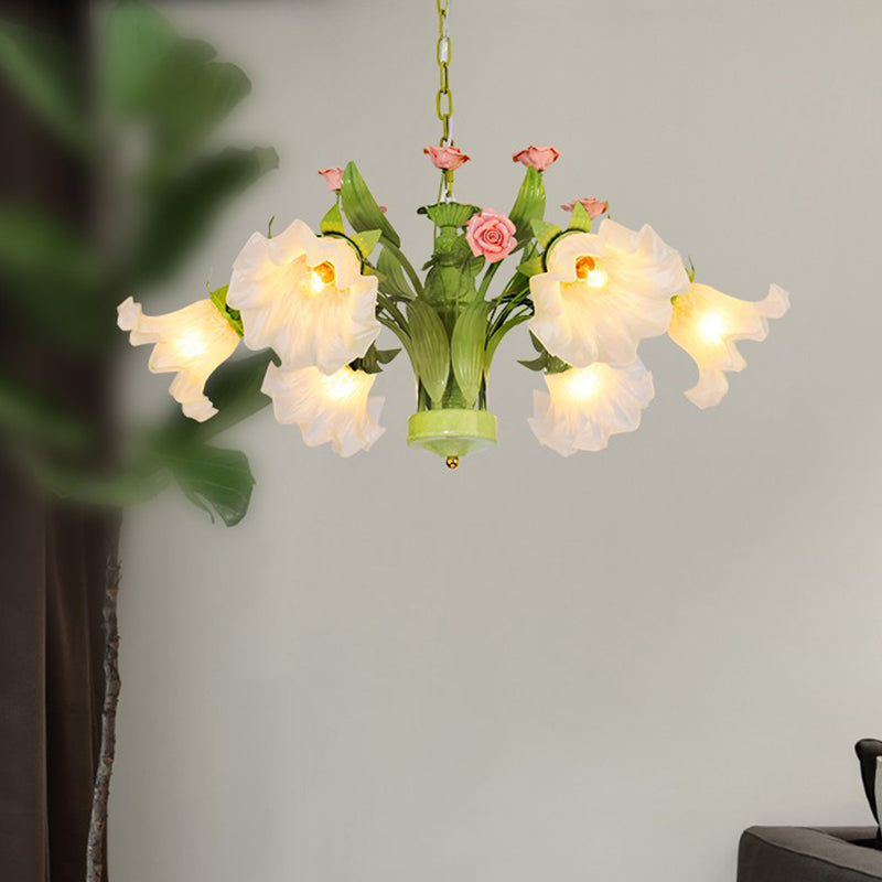 Countryside Flower Hanging Pendant Opal Glass Chandelier In Green For Bedroom - 6/8 Heads Lighting