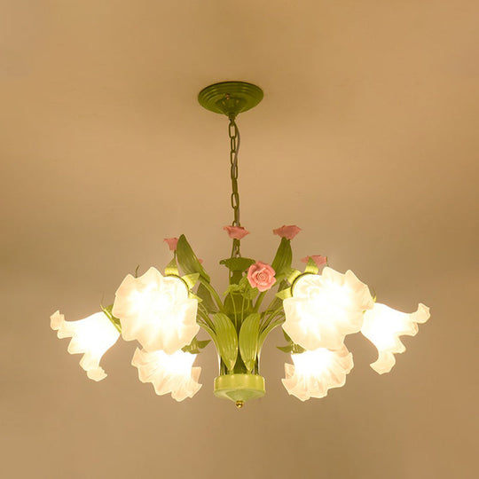 Countryside Flower Hanging Pendant Opal Glass Chandelier In Green For Bedroom - 6/8 Heads Lighting