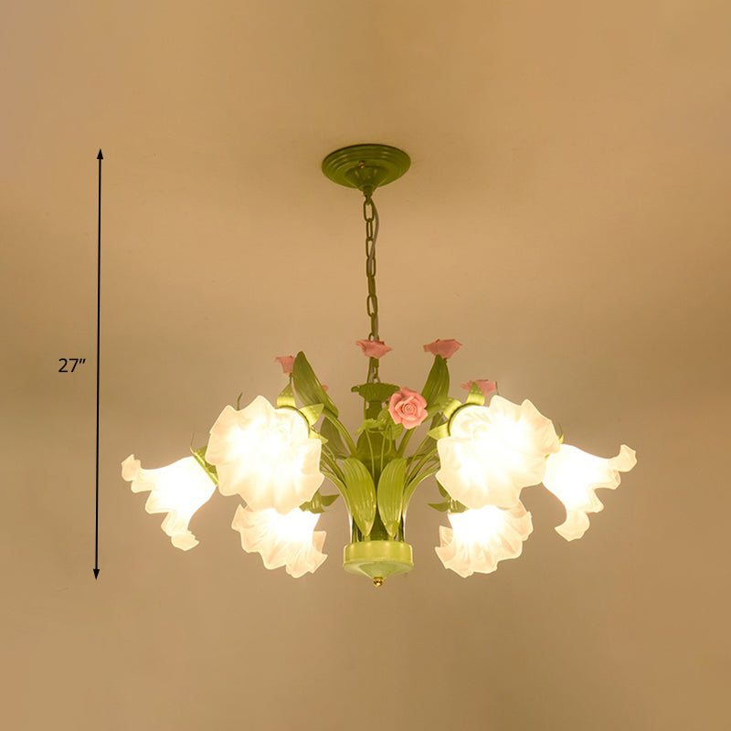 Countryside Flower Hanging Pendant Opal Glass Chandelier In Green For Bedroom - 6/8 Heads Lighting