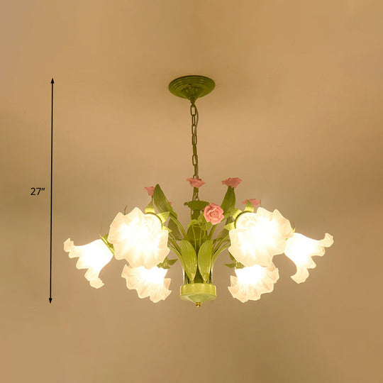 Countryside Flower Hanging Pendant Opal Glass Chandelier In Green For Bedroom - 6/8 Heads Lighting