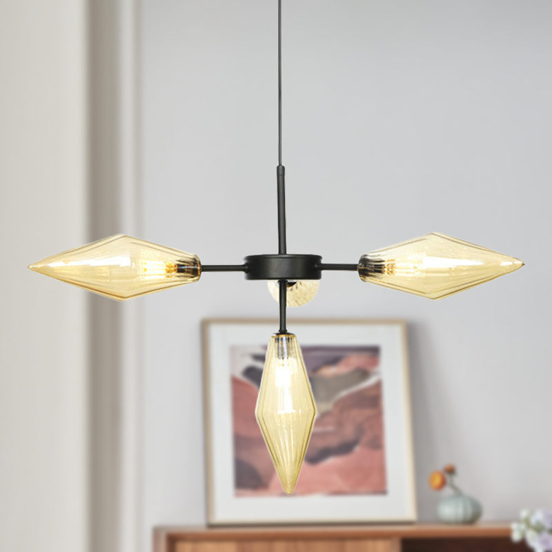 Modern Amber Glass Pendant Chandelier - Black Finish 4 Tapered Heads