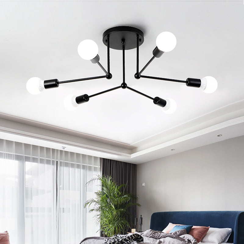 Contemporary Black Metal Semi Flush Ceiling Light with 6 Radial Heads