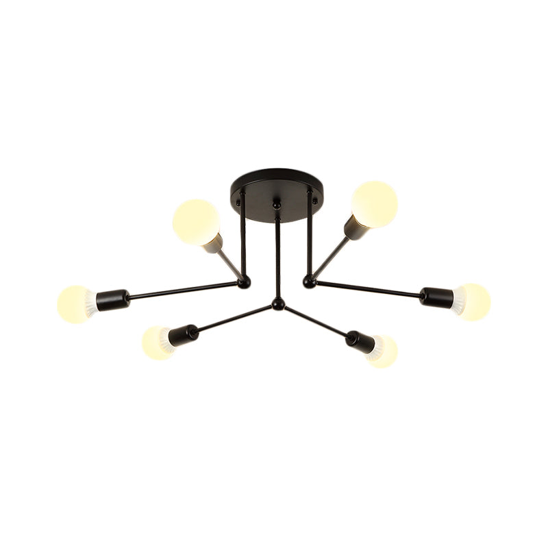 Contemporary Black Metal Semi Flush Ceiling Light with 6 Radial Heads