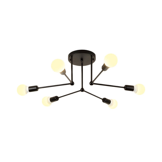 Contemporary Black Metal Semi Flush Ceiling Light With 6 Radial Heads