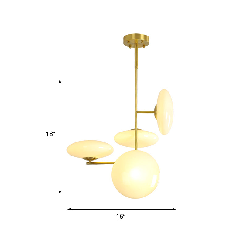 Modern Gold Ceiling Chandelier Hanging Light Fixture With Opal Glass Shades - 4 Heads For Living