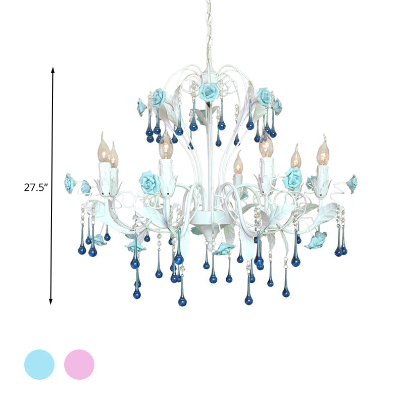 Traditional Candelabra Ceiling Chandelier With Clear Crystal Glass - 8 Pink/Blue Hanging Lights For