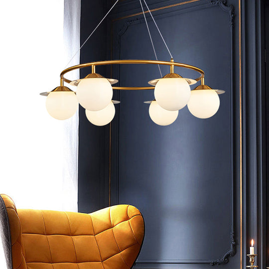 Modern Gold Sphere Chandelier with 6 Bulbs and White Glass - Stylish Suspension Lamp