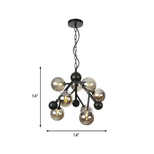 Sleek Spherical Chandelier: Modernist Smoke Gray Glass, 9 Heads, Bedroom Lighting Fixture