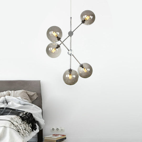 Contemporary Smoke Glass Ball Pendant Chandelier - 5 Bulbs Ceiling Light for Bedroom